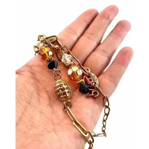 Brown Glass Bead Station Necklace Bronze Toned Tan Orange Black Chain 37" - Picture 2 of 9